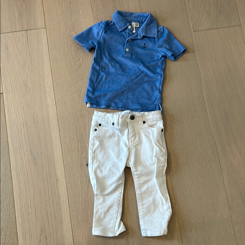 Blue Polo Kids Shirt and white denim jeans